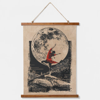 Red Ninja Full Moon Art | Wabi Sabi Vintage Style Hanging Tapestry