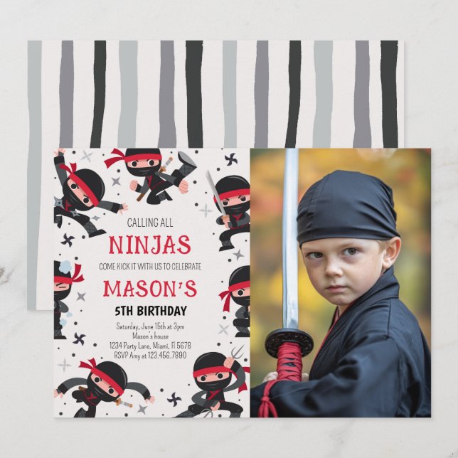 Red Ninja Warrior Martial Arts Birthday Photo Invitation (Front/Back)