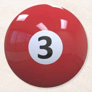 Red No. 3 Billiard Pool Ball Round Paper Coaster
