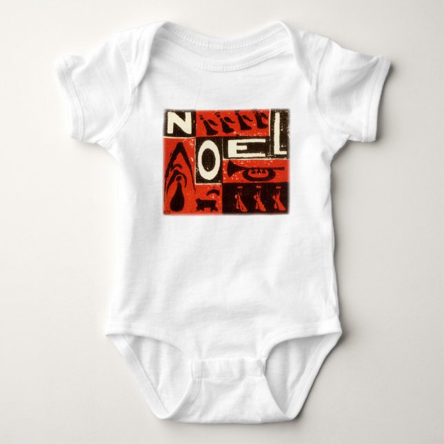 Red Noel Vintage Block Print Baby Bodysuit (Front)