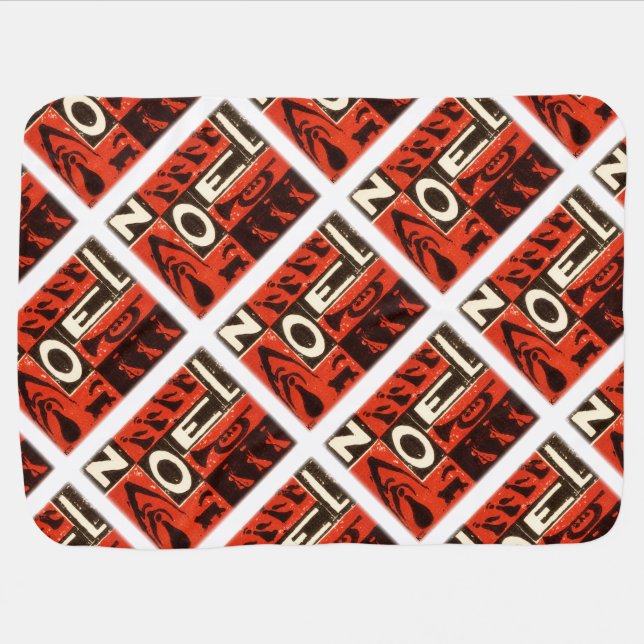Red Noel Vintage Block Print Swaddle Blanket (Horizontal)