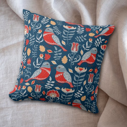 Red Nordic Bird on Blue Pattern Throw Pillow