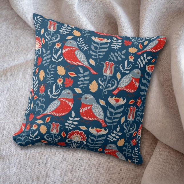 Red Nordic Bird on Blue Pattern Throw Pillow (Creator Uploaded)