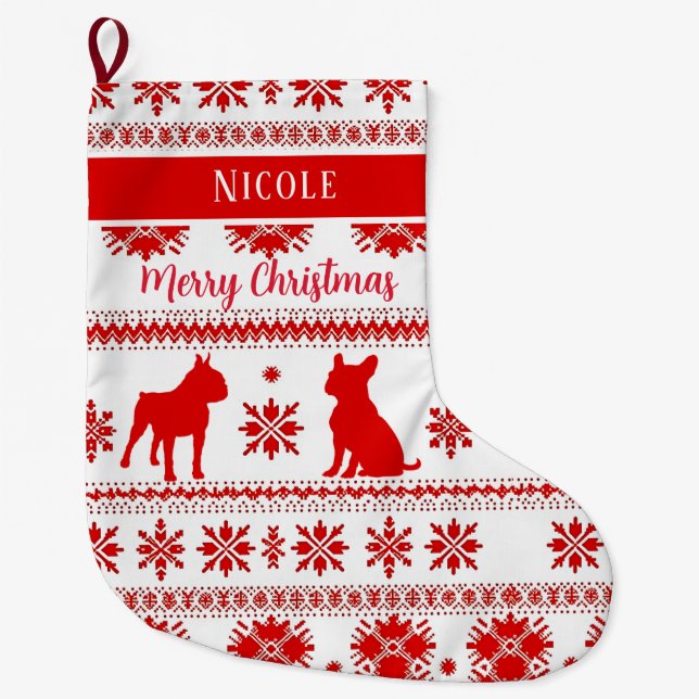 Red Nordic Boston Terrier Dog Christmas Large Christmas Stocking (Front)