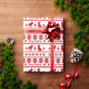 Red Nordic Boston Terrier Dog Christmas Wrapping Paper