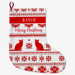 Red Nordic Cat Pattern Christmas Large Christmas Stocking