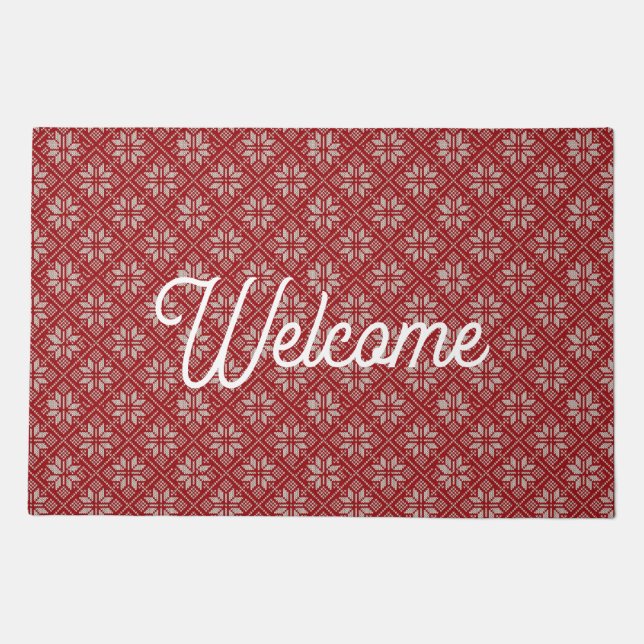 Red Nordic Fair Isle Christmas Welcome Mat (Front)