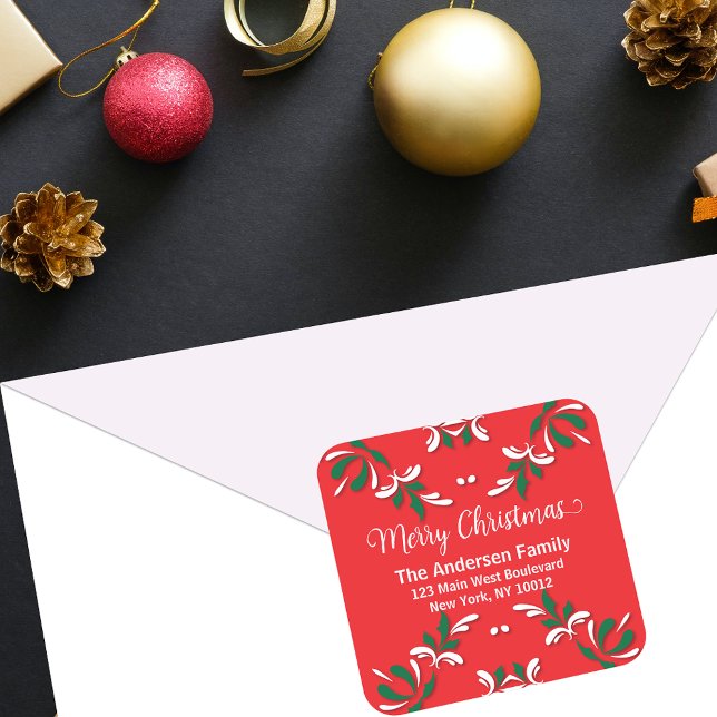 Red Nordic Folk Art Merry Christmas Return Address Square Sticker (Creator Uploaded)