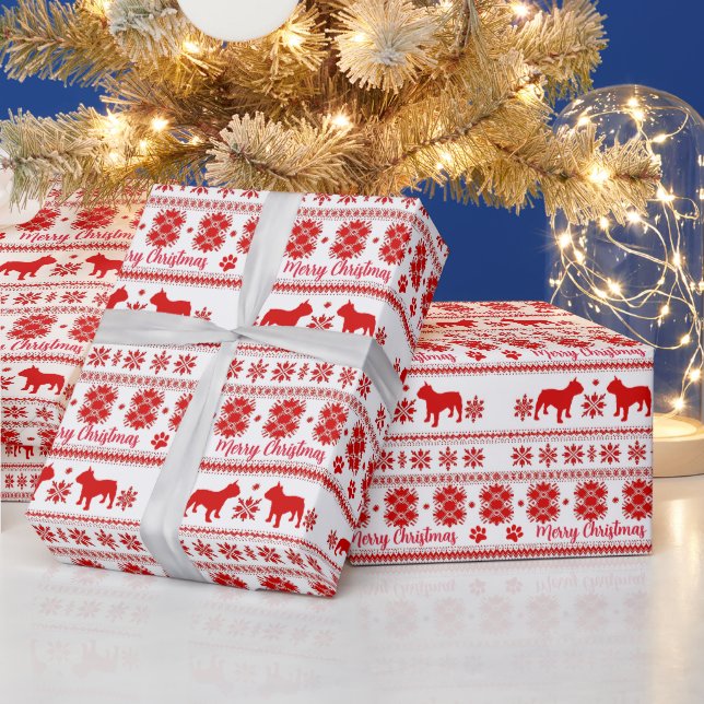 Red Nordic French Bulldog Christmas Wrapping Paper (Holidays)