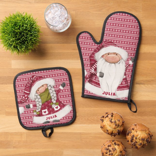 Red Nordic Gnome Personalized Oven Mitt & Pot Holder Set (Top Down)