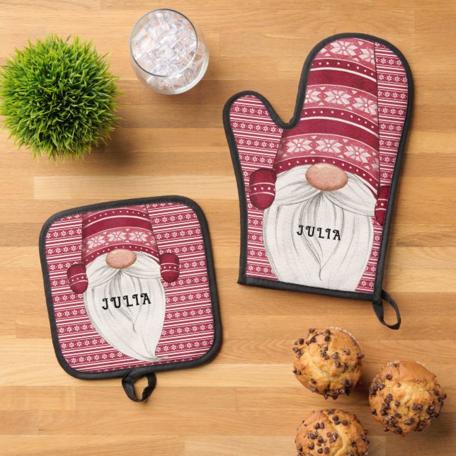 Red Nordic Gnome Personalized Oven Mitt & Pot Holder Set (Top Down)