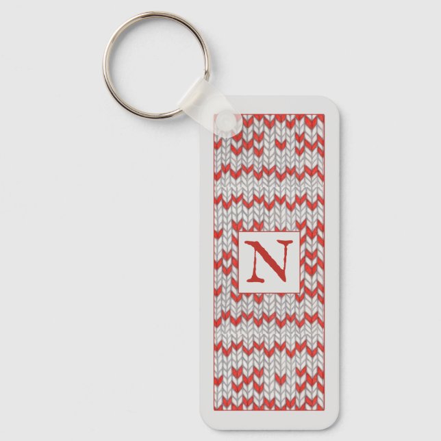 RED NORDIC KNIT Metal Rectangle Keychain + Initial (Front)