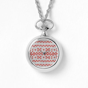 RED NORDIC KNIT Silver Necklace Watch 