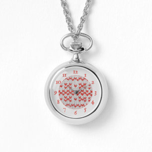 RED NORDIC KNIT Silver Necklace Watch + Numbers
