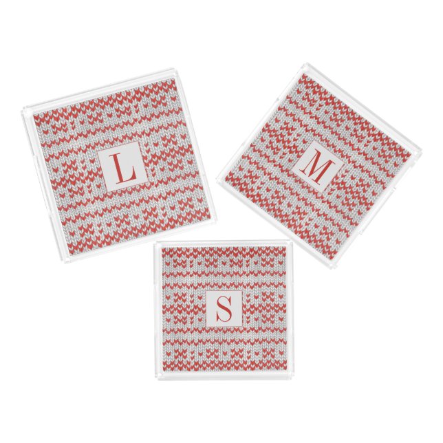 RED NORDIC KNIT Square Acrylic Trays + Initial (Set)