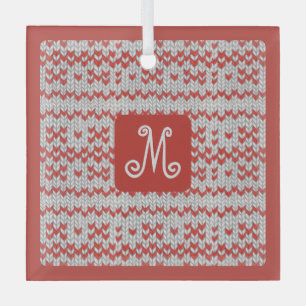 RED NORDIC KNIT Square Glass Ornament + Initial