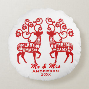 Red Nordic Reindeer Custom Couple's Round Pillow