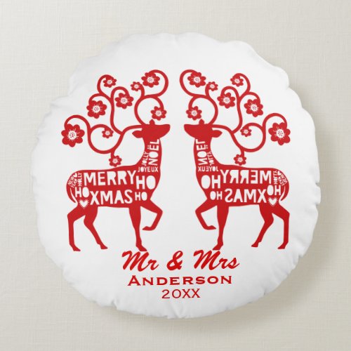 Red Nordic Reindeer Custom Couples Round Pillow
