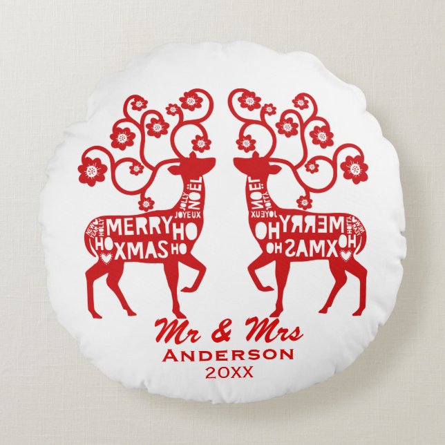 Red Nordic Reindeer Custom Couple's Round Pillow (Front)