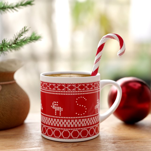 Red Nordic Reindeer Festive Christmas Espresso Cup (As you sip your favorite espresso, let the holiday cheer fill your heart.)