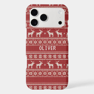 Red Nordic Reindeer Knit Pattern Personalized iPhone 17 Pro Max Case