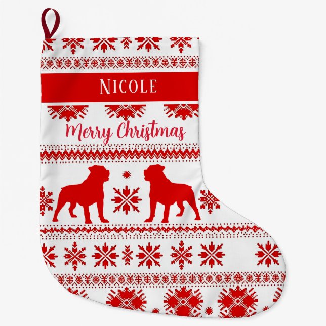 Red Nordic Rottweiler Dog Christmas Large Christmas Stocking (Front)
