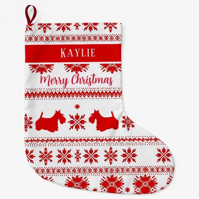 Red Nordic Scottish Terrier Dog Christmas Large Christmas Stocking (Front)