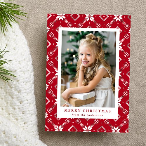 Red Nordic Snowflake Pattern Photo Holiday Card