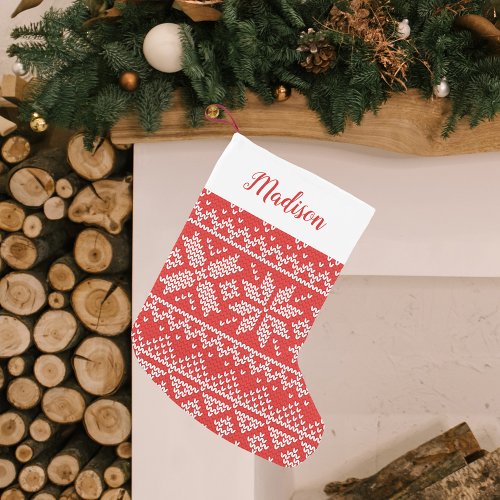 Red Nordic Snowflake Sweater Pattern Personalized Small Christmas Stocking