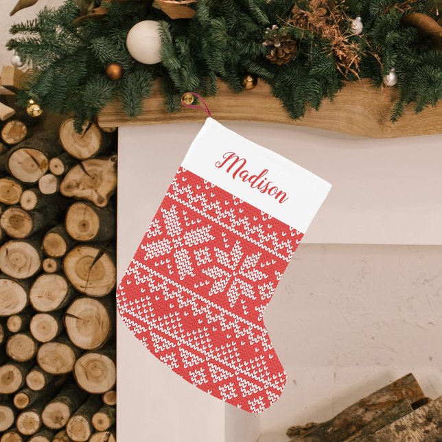 Red Nordic Snowflake Sweater Pattern Personalized Small Christmas Stocking (Creator Uploaded)