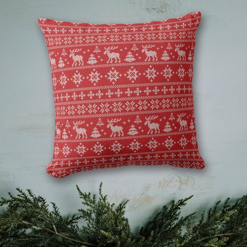 Red Nordic Style Moose Pattern Christmas Throw Pillow