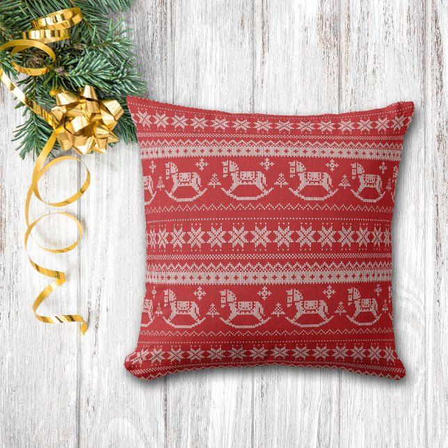 Red Nordic Style Rocking Horse Christmas Throw Pillow (Creator Uploaded)