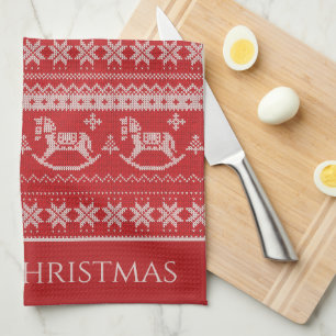Red Nordic Style Rocking Horse Pattern Christmas Kitchen Towel