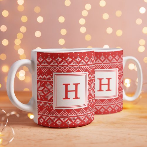 Red Nordic Sweater Pattern Monogram Holiday  Coffee Mug