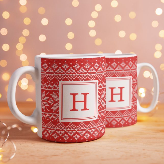 Red Nordic Sweater Pattern Monogram Holiday  Coffee Mug (Creator Uploaded)