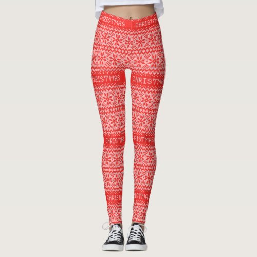 Red Nordic Sweater Snowflakes Pattern Christmas Leggings