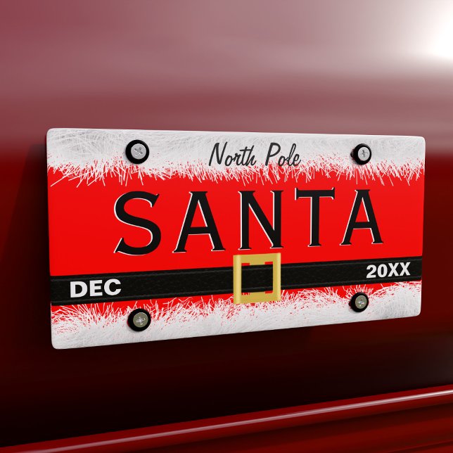Red North Pole Santa Sleigh Christmas Holiday License Plate (Santa license plate with space for you to add your own details. Merry Christmas!)
