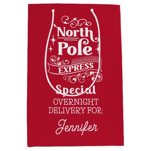 Red North Pole Special OVERNIGHT DELIVERY FOR NAME Medium Gift Bag