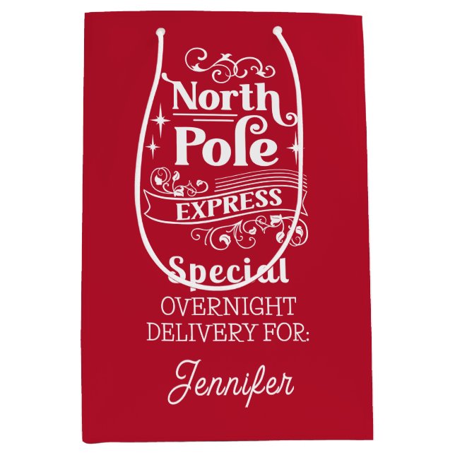 Red North Pole Special OVERNIGHT DELIVERY FOR NAME Medium Gift Bag (Front)