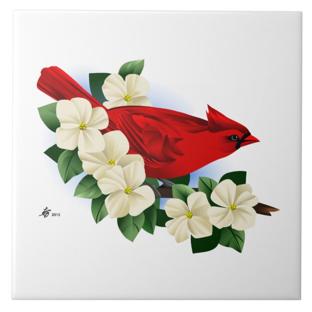 Red Northern Cardinal and Dogwood Flowers Ceramic Tile (Front)