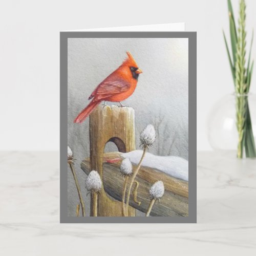 Red Northern Cardinal Bird on Fence Watercolor Art Card