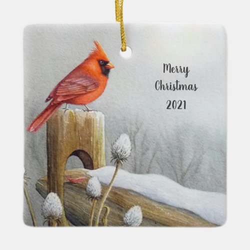 Red Northern Cardinal Bird on Fence Watercolor Art Ceramic Ornament