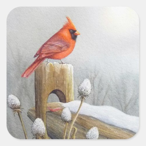 Red Northern Cardinal Bird on Fence Watercolor Art Square Sticker
