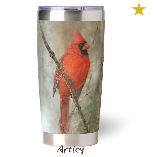 Red Northern Cardinal Bird Painting Custom Name Insulated Tumbler (Creator Uploaded)
