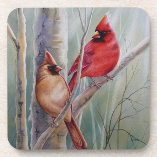 Red Northern Cardinal Bird Pair Watercolor Art Beverage Coaster