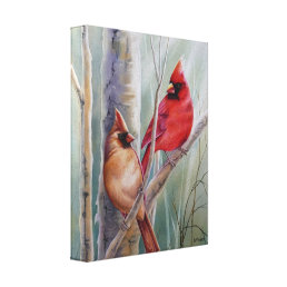 Red Northern Cardinal Bird Pair Watercolor Art Canvas Print