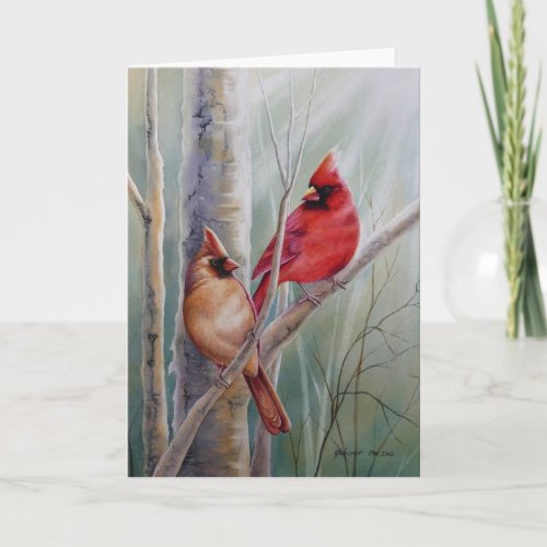 Red Northern Cardinal Bird Pair Watercolor Art Card