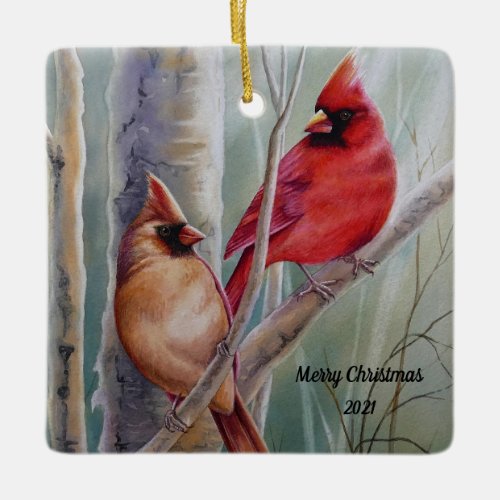 Red Northern Cardinal Bird Pair Watercolor Art Ceramic Ornament