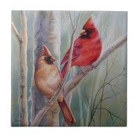 Red Northern Cardinal Bird Pair Watercolor Art
