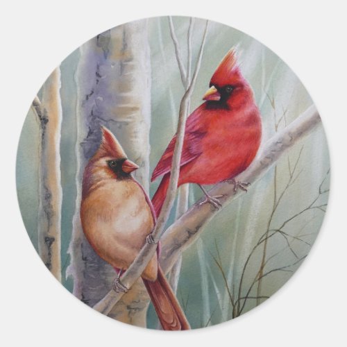 Red Northern Cardinal Bird Pair Watercolor Art Classic Round Sticker